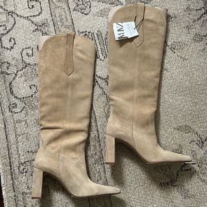 ZARA Tan Suede Western Boots (Size 38)